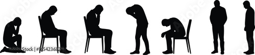 Silhouettes of sad and stressed men sitting, standing, and kneeling alone, expressing emotions of depression, anxiety, stress, loneliness, mental health struggles