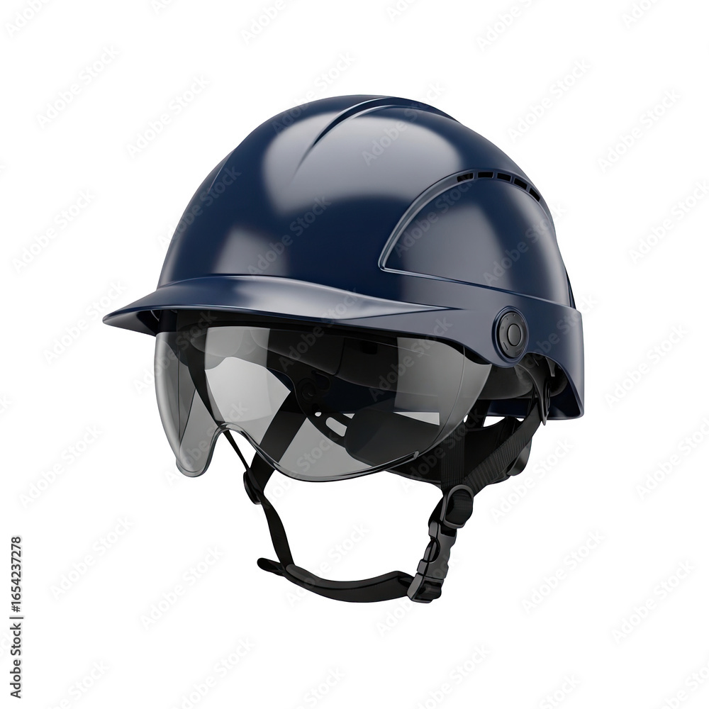 Fototapeta premium Modern dark blue industrial safety helmet with integrated visor for head protection isolated on transparent background