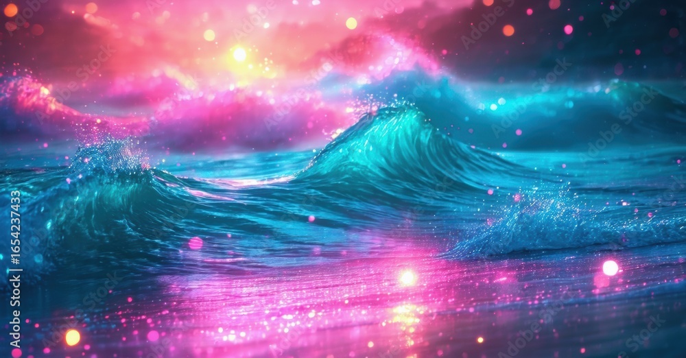 Fototapeta premium Vibrant ocean waves reflect pink, blue sky. Sparkling light creates dreamy, ethereal scene. Beautiful colors dominate composition.