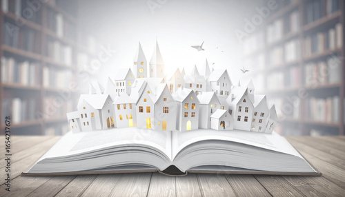 Paper town emerges from open book on wooden table in library, creating magical and whimsical atmosphere.