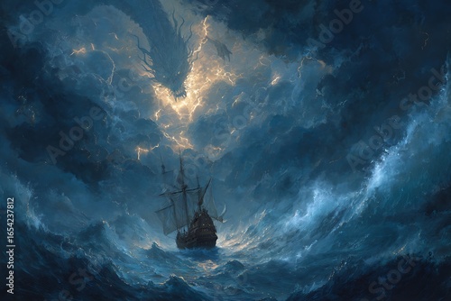 Epic naval battle with mythical sea monster amidst stormy ocean waves and dark clouds, creating dramatic scene