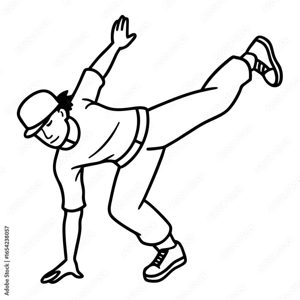 Fototapeta premium Black and white line drawing of a breakdancer in a freeze pose on a white background athletic