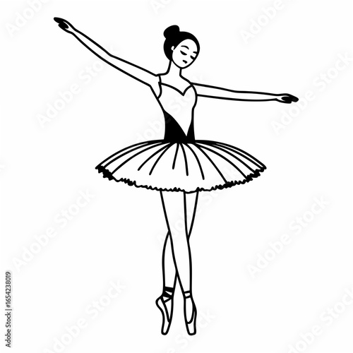 Black and white line art of a ballerina in a tutu and pointe shoes with arms outstretched on a white background