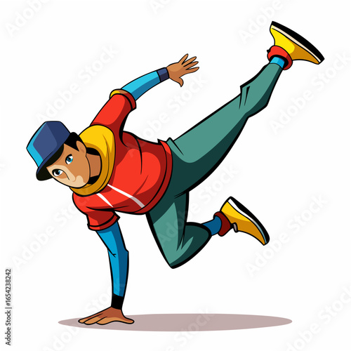 Cartoon breakdancer in a dynamic freeze pose on a white background hip hop street dance
