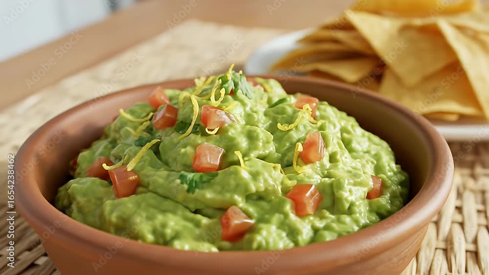 Guacamole with tomatoes and citrus peel in a brown bowl with chips on background Guacamole with tomatoes and citrus peel in a brown bowl with chips on background