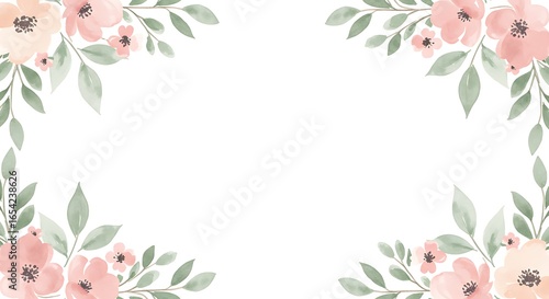 Watercolor floral arrangement with pink flowers and green leaves in the corners of a white background.