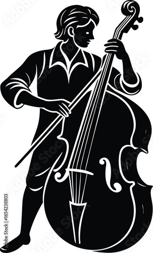 Silhouette of a man playing a double bass instrument in black and white on white background