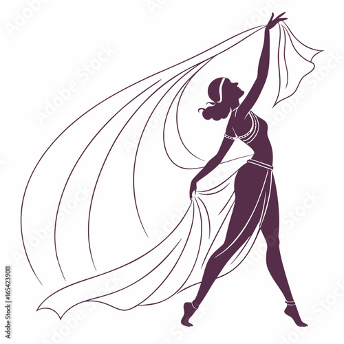 Silhouette of a belly dancer with flowing fabric on a white background woman female
