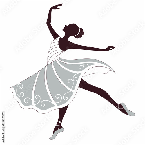 Silhouette of a graceful ballerina twirling in a stylized dress with swirling patterns on a white background