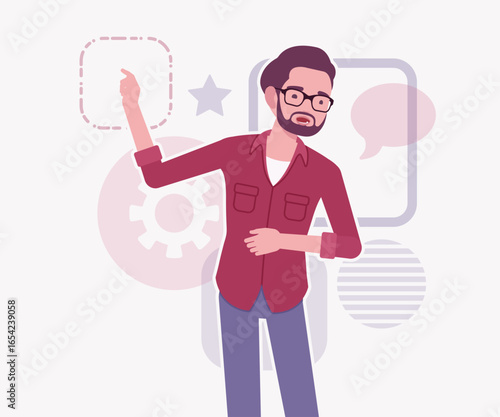 Modern businessman, smart startupper giving lecture pose. Small business company developer, founder entrepreneur handsome freelance vector flat style cartoon illustration, abstract creative background