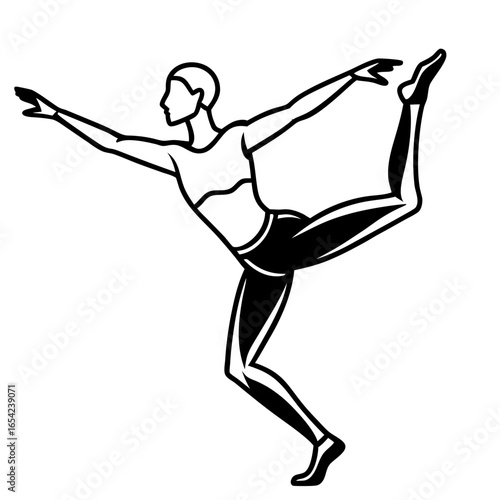 Stylized black and white illustration of a dancer in a graceful pose on a white background ballet