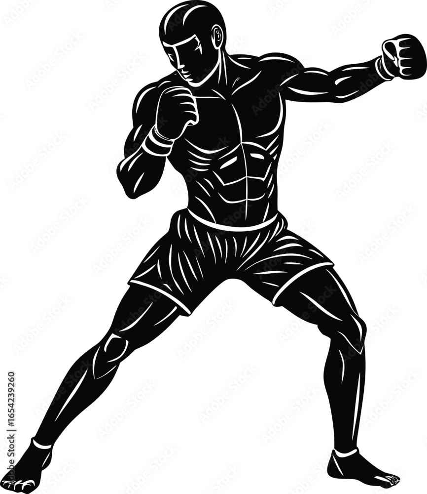 Naklejka premium Black and White Vector Illustration of a Boxer in Fighting Stance Ready to Punch on white background