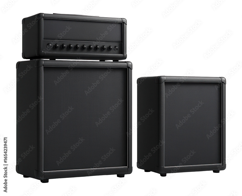 Obraz premium Two dark grey guitar amplifier stacks, one with two cabinets and a head unit, the other single-cabinet.