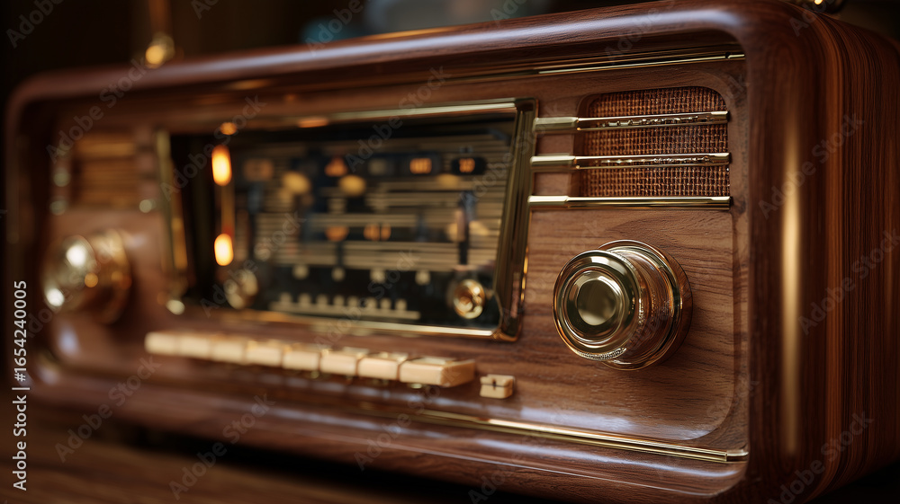 Fototapeta premium Vintage radio with wooden cabinet and chrome details