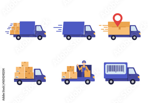 A vector illustration depicting six different blue delivery trucks, some carrying boxes, one with a location pin, and another with a barcode.