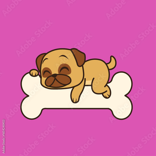 A charming vector illustration of a cute pug dog peacefully sleeping on its favorite bone.