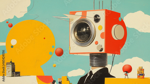 Toy robot shows dada collage with childhood joy and whimsical design