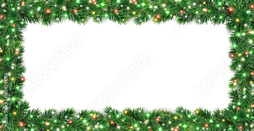 Christmas rectangular frame with glowing Christmas lights. Christmas tree decoration. Holiday fir tree garland. Festive winter season frame, spruce branches. Transparent background in vector file.