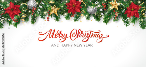 Vector Christmas background with poinsettia flowers, fir branches, glitter ornaments, golden stars, and decorated Christmas tree as a festive top border. Merry Christmas calligraphy text in center. Pe