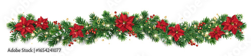 Horizontal Christmas garland with poinsettias, pine branches, holly berries, and confetti. Decoration for holiday banners, cards, and party posters. Transparent background in vector file.