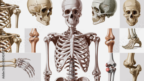 Anatomical Illustration Full Skeleton and Various Bone Details Against a Light Background