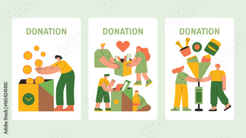 Animated Illustration of People Donating Money, Goods, and Supplies to Charitable Causes