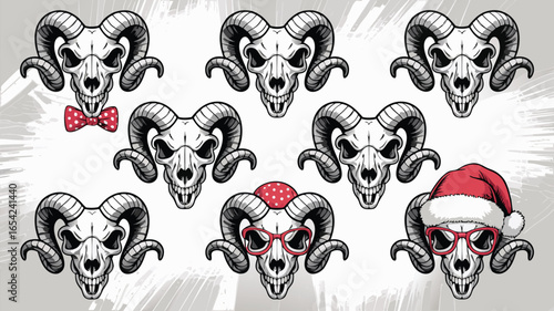 Array of Ram Skulls Red Bowtie, Polka Dot Bandana, Santa Hat, and Red Glasses