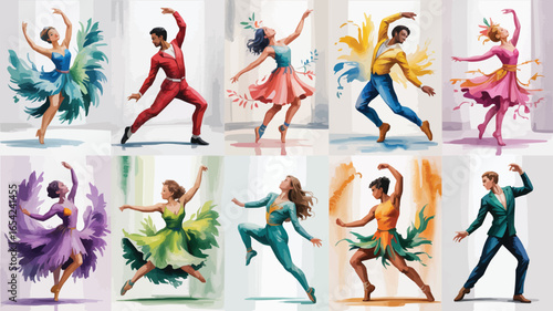 Artistic Watercolor Depiction of Dancers in Various Poses and Colorful Outfits Against Light Backgrounds