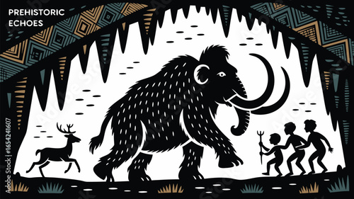 Black and White Prehistoric of Woolly Mammoth, Deer, and Humans in a Cave