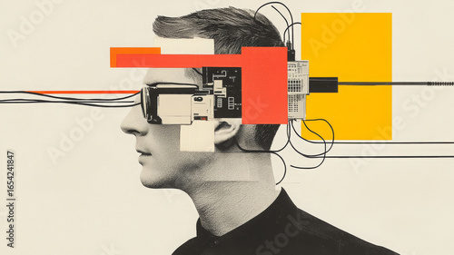 Collage man with abstract mind is deep in thought and lost in dreams