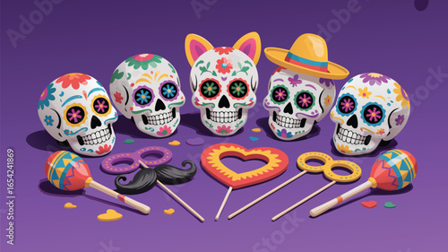 Cartoon Calaveras with Party Props Day of the Dead Celebration on Purple Background