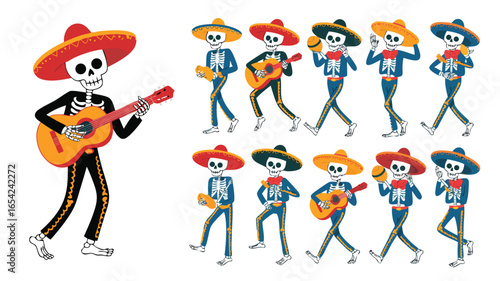 Cartoon Skeletons Wearing Sombreros Playing Music for Day of the Dead Celebrations