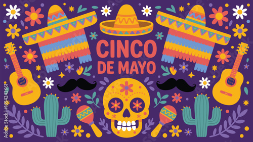 Cinco de Mayo Celebration with Sombreros, Guitars, Skull, Cactus, and Colorful Decorations on Purple Background