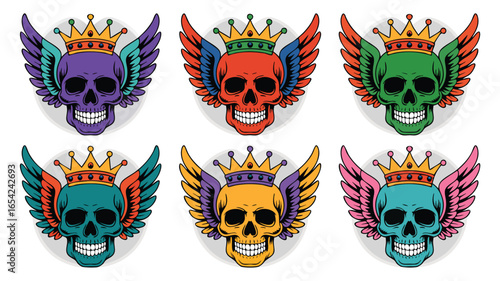 Collection of Colorful Skulls with Crowns and Wings Tattoo Design Illustrations on White