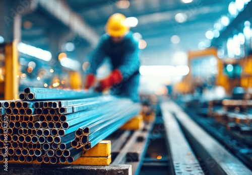 Wallpaper Mural Industrial worker arranging steel tubes on a factory conveyor Torontodigital.ca
