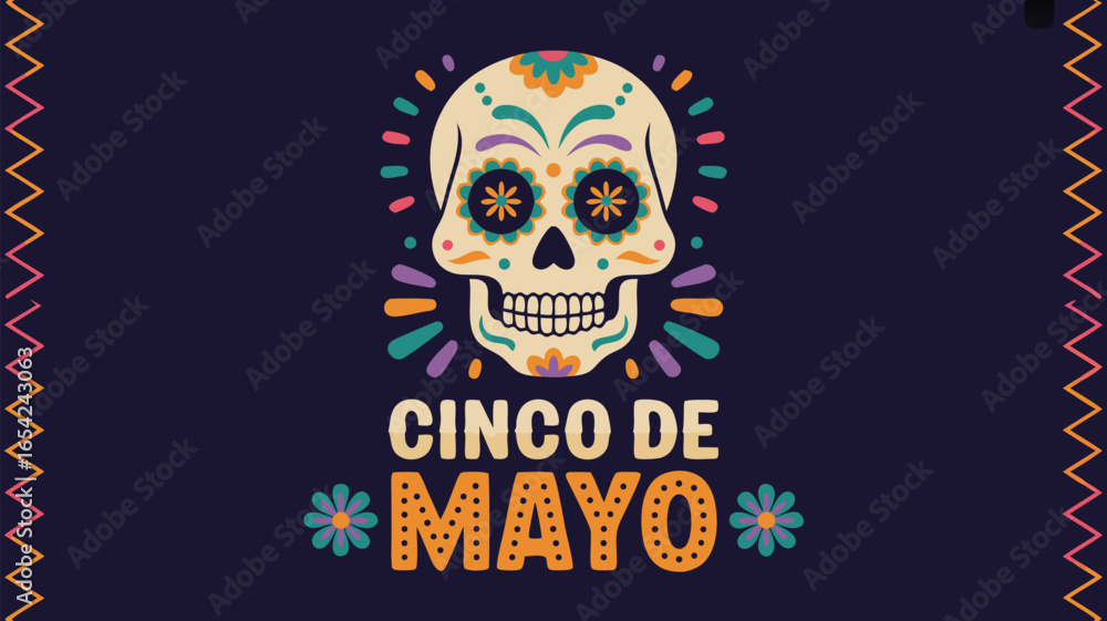 Fototapeta premium Colorful Cinco de Mayo Illustration with Decorated Skull and Festive Zigzag Border