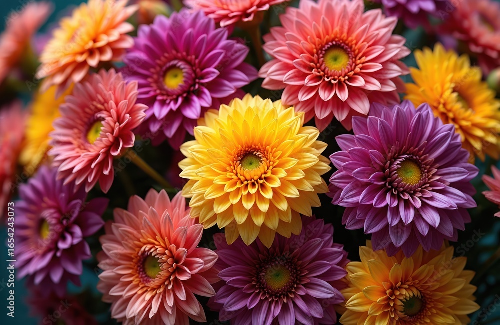 Intricate dahlia blooms in vibrant hues form repeating pattern. Yellow, orange, pink, purple flowers with delicate petals create colourful floral arrangement. Close-up macro view of nature botanical Intricate dahlia blooms in vibrant hues form repeating pattern. Yellow, orange, pink, purple flowers with delicate petals create colourful floral arrangement. Close-up macro view of nature botanical