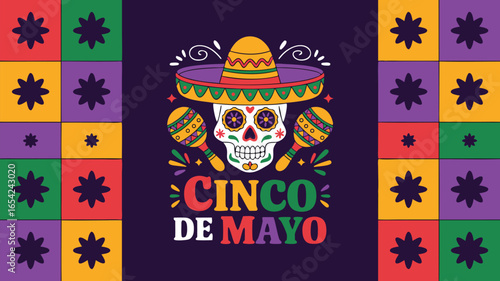 Colorful Cinco De Mayo Design with Sugar Skull, Sombrero, Maracas and Floral Accents