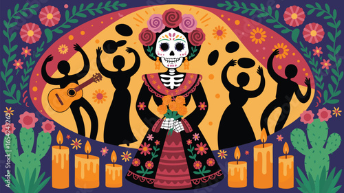Colorful Day of the Dead Illustration Featuring La Catrina, Dancers, Flowers, Candles, and Cactus