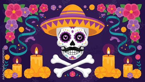 Colorful Day of the Dead Skull with Sombrero, Candles, Flowers, and Ribbons