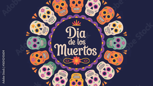 Colorful Dia de los Muertos Illustration Featuring Sugar Skulls and Festive Decorations in a Circular Design