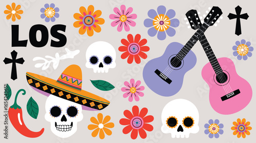 Colorful Dia de los Muertos Illustration Skulls, Guitars, Flowers, Sombrero, and Crosses