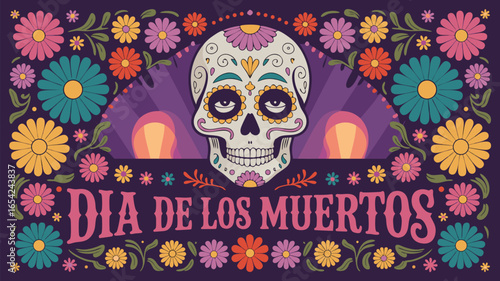 Colorful Dia de Los Muertos Illustration with Sugar Skull and Flower Border
