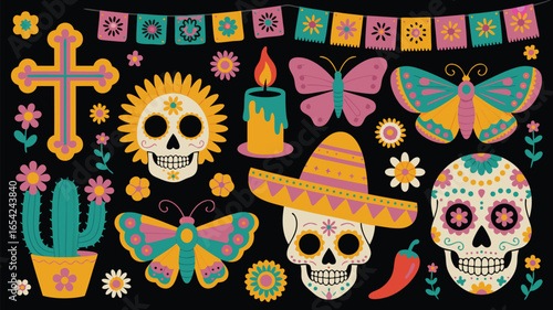 Colorful Dia de los Muertos Illustration with Skulls, Butterflies, Cactus, and Sombrero Hat on Black Background