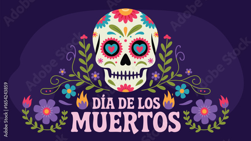Colorful Día de los Muertos Skull Illustration on Purple Background with Floral Elements