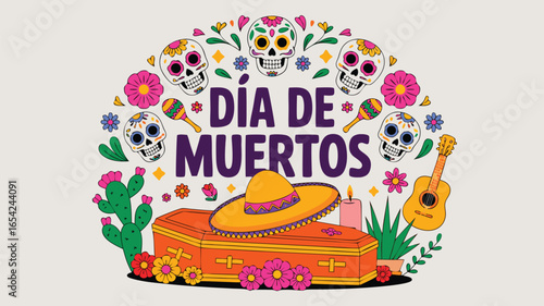 Colorful Día de Muertos Illustration with Sugar Skulls, Coffin, Sombrero and Flowers