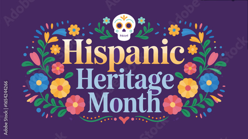 Colorful Hispanic Heritage Month Banner with Floral Accents and Sugar Skull Illustration on Purple