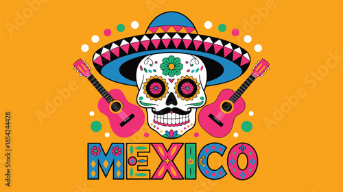 Colorful Mexican Dia de los Muertos Illustration with Skull, Sombrero, Guitars and the Word Mexico