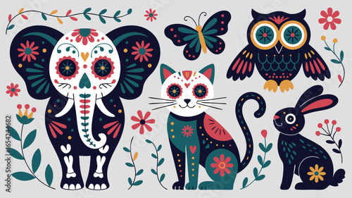 Colorful Sugar Skull Animal Illustrations Elephant, Cat, Owl, Butterfly and Rabbit Art