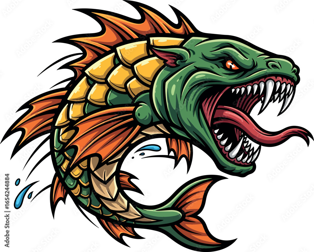Obraz premium Dragon Fish Sea Monster Mascot, Fierce Fantasy Creature Vector Illustration.